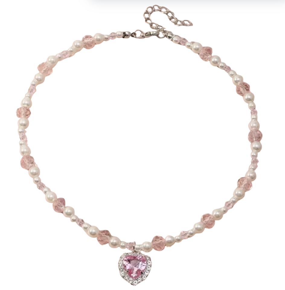Beaded Pearl Necklace with Chunky Heart Gem
