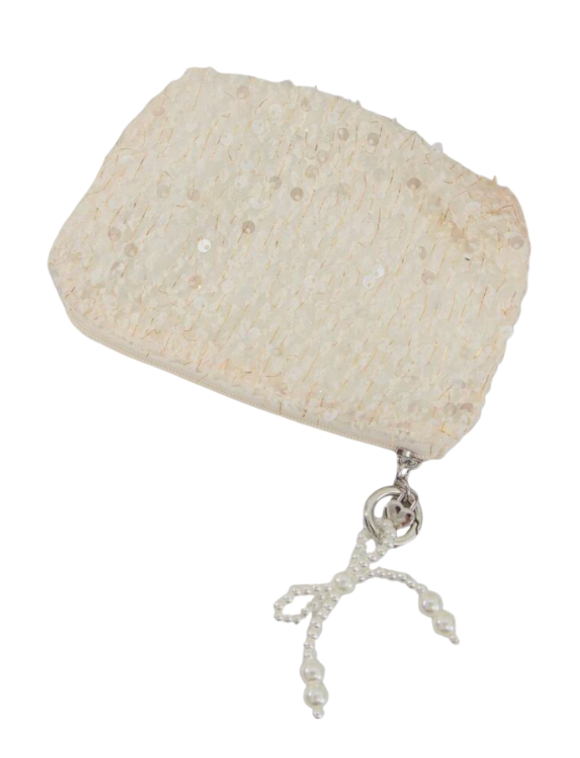 Beige Sequin Pouch with Beaded Pearl Bow Accent